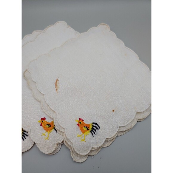 SET OF 12 ROOSTER MADIERA Vintage Cocktail Napkins 10 Matching Drink Coasters - Picture 9 of 11